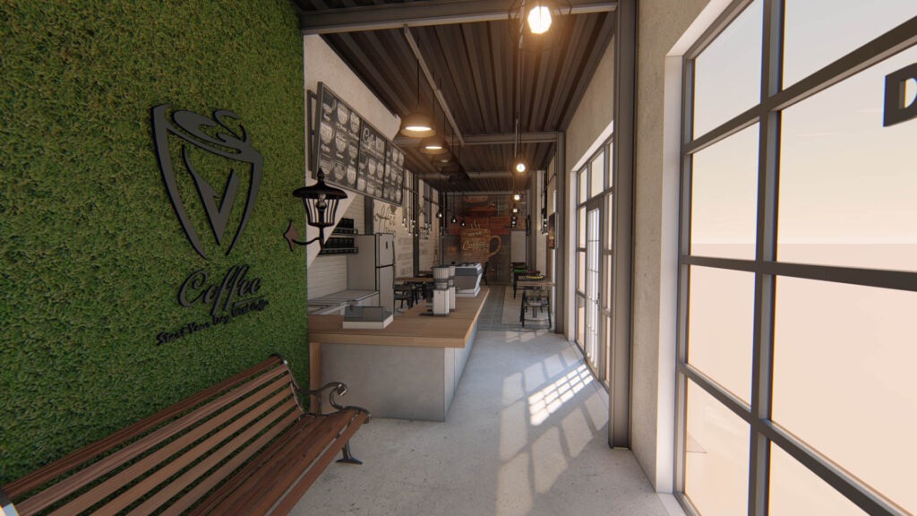 coffee shop sederhana tampak depan dengan tema industrial