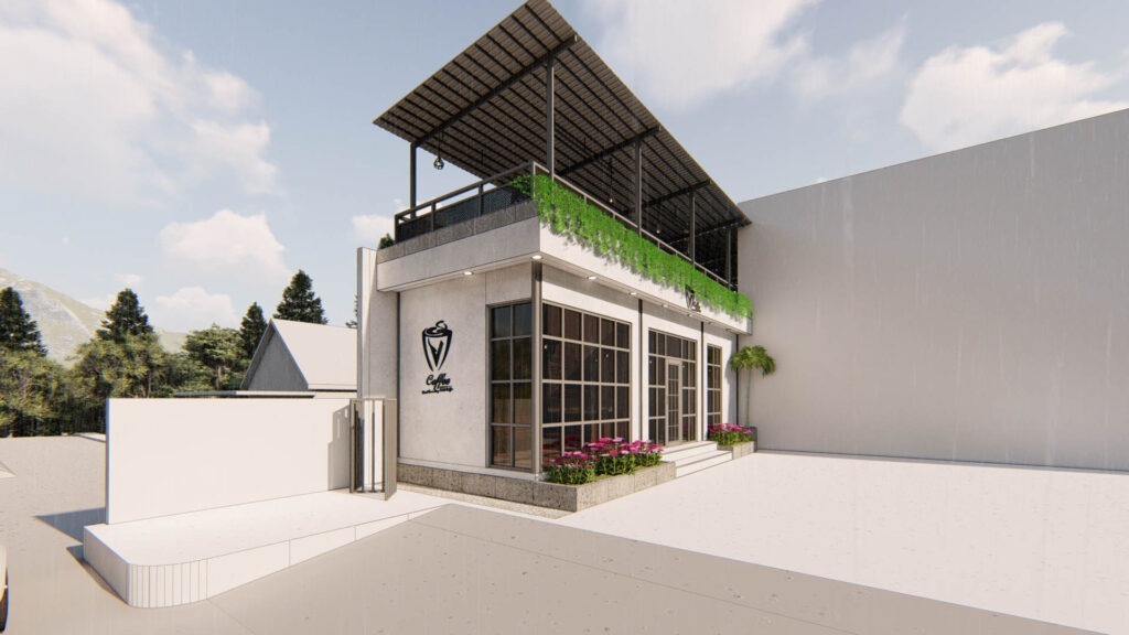 cafe sederhana industrial tampak depan ditepi jalan