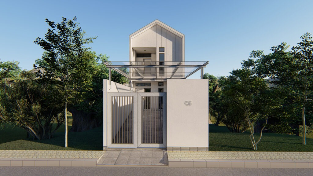 desain arsitektur rumah sempit pada tanah ruko tampak depan