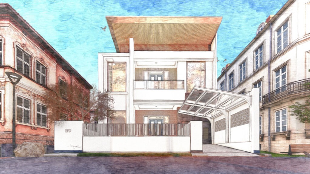 fasad depan pastel rumah minimalis luas 185